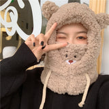 Women Cute Small Bear Hat All-match with Mask Bear Hat Female Winter Thick Plush Bib Biking Earmuffs Hats for Women Fashion daiiibabyyy