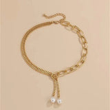 Daiiibabyyy Fashion Hip Hop Long Imitated Pearl Pendant Tassel Necklace For Women Boho Vintage Geometric Hollow Metal Chain Jewelry Gift