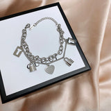 Daiiibabyyy 316L Stainless Steel New Fashion Upscale Jewelry Lovers Lock Multi-element Heart Shape Charm Thick Chain Bracelets For Women