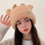 Women Autumn and Winter Cute Warm Hat Winter Antlers Lamb Fur Hat Funny JOKE Logo Hat Women Padded Hedging Hat daiiibabyyy