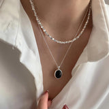 Minimalist Black Oval Onyx Luster Pendant Necklace For Women Girl Trendy Clavicle Chain Link Chain Simple Neck Jewelry Gift daiiibabyyy