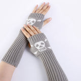 Women Girl Elbow Gloves Half Winter Warmer Skull Knitted Long Fingerless Fashion Gloves Elbow Mittens Christmas Gift Accessories daiiibabyyy