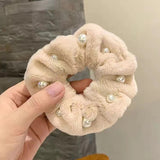 New Headdress Scrunchie Elastic Multicolor Band French Style Hair Rope Pearl Hair Ring Exquisite Plush Hair Ring Headdress daiiibabyyy
