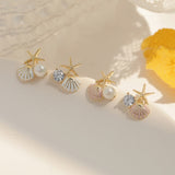 Cute Female Round Crystal Pearl Earrings Classic Gold Color Wedding Earrings For Women Charm Sea Starfish Shell Stud Earrings daiiibabyyy