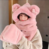 Women Winter Fashion Thickening Warm Plush Scarf Natural Rabbit Fur Bear Ears Hat Outdoor Skiing Integrated Hooded Scarf daiiibabyyy
