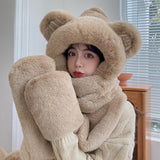 Women Winter Fashion Thickening Warm Plush Scarf Natural Rabbit Fur Bear Ears Hat Outdoor Skiing Integrated Hooded Scarf daiiibabyyy