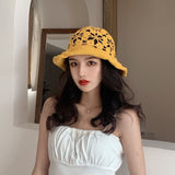Daiiibabyyy Hollow Hook Flower Spring and Autumn  Fisherman Hat Female Korean Version of the Wild Sunscreen Ultraviolet Sun Hat Cover Face