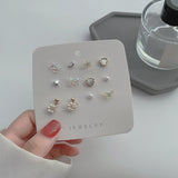 Daiiibabyyy 12PC/SET Cute Sweet White Opal Bow Love Earring Fashion Simple Moon Flower Mini Studs Earrings Sets for Women Jewelry Gifts