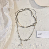 FFLACELL Punk Hip Hop French Multilayer Metal Chain Necklace Pearl Clavicle Chain Silver Color Rose Pendant for Women daiiibabyyy
