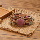 2022 New Romantic Spiritual Chakra Leather Wrap Bracelets Mix Stone Heart Shape 3 Strands Bracelets For Women Girls Hand Jewelry