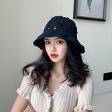 Daiiibabyyy Hollow Hook Flower Spring and Autumn  Fisherman Hat Female Korean Version of the Wild Sunscreen Ultraviolet Sun Hat Cover Face