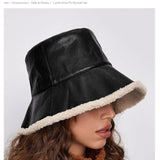 Winter Glabrous Hat Black Pu Leather Fisherman Hat for Men and Women Fashion Japanese Lamb Wool Warm Hat Basin Tide Bucket Hat daiiibabyyy
