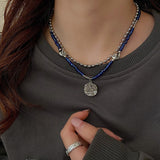 2022 New Fashion Double Layer Blue Beaded Chain Necklaces Irregular Metal Round Card Pendant Necklace For Women Party Jewelry daiiibabyyy