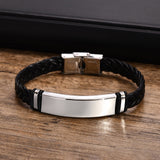 Daiiibabyyy Men's Free Personalized Custom Stainless Steel ID Bar Bracelets with Braided Leather Rope,Casual Male Wristband Bangles Gift