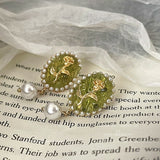 Daiiibabyyy New French Vintage Fashion Baroque Green Rose Pearl Drop Earrings for Women Aesthetic Jewelry Wholesale Accessories