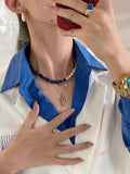Daiiibabyyy Beaded NecklaceNiche DesignFrench Vintage Stacked Freshwater Pearl NecklaceWomen's Metal PendantLockbone ChainNecklace