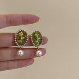 Daiiibabyyy New French Vintage Fashion Baroque Green Rose Pearl Drop Earrings for Women Aesthetic Jewelry Wholesale Accessories