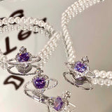 Korean Fashion Purple Heart Crystal Stud Necklace For Women Elegant Planet Rhinestone Pendant Jewelry Gifts daiiibabyyy