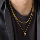 Daiiibabyyy Stylish Black Square Necklace for Men, Gold Color Stainless Steel Rope Cuban Box Figaro Wheat Chain Double Layered Collar Gifts