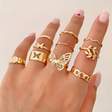 Daiiibabyyy 10 Pcs/Set Fashion Gold Butterfly Rings Set Vintage Flower Rings party jewelry accessories