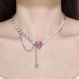 Sweet Pink Heart Stitching Pearl Necklace Tassel Cool Girl Exquisite Clavicle Chain Necklace daiiibabyyy