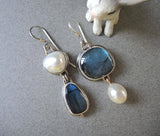 Daiiibabyyy Vintage Creative Asymmetric Earrings Classic Silver Color Dark Blue Pattern Round Peral Dangle Earrings for Women Jewelry