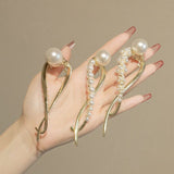 Daiiibabyyy Gold Silver Metal Pearl Hairpins Frog Buckle Hair Clips Fashion Pearls Flower Ponytail Barrettes Headwear Women Hair Accessories