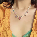Daiiibabyyy Korean Trendy Pink Crystal Heart Pendant Necklace For Women Girls Elegant Pearl Beads Choker Trending Products Aesthetic Jewelry