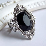 Vintage Punk Gothic Big Oval Black Crystal Ring for Women Antique Carved Metal Rhinstone Cocktail Rings Party Jewelry WholeSale