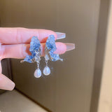 Daiiibabyyy Minar Fairy Blue Color Crystal Butterfly Bling Bling Earring for Women Simulated Pearl Wings Dangle Drop Earrings Party Jewelry