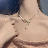 MENGJIQIAO 2022 Korean Fashion Bowknot Rhonestone Double Layer Necklaces For Women Elegant Pearl Pendant Choker Party Jewelry daiiibabyyy