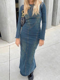 Fashion Women Denim Dress Vintage Blue Long Sleeve Back Zipper Dresses For Women 2023 Spring Causal Slim Fit Ladies Long Dresses