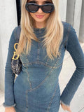 Fashion Women Denim Dress Vintage Blue Long Sleeve Back Zipper Dresses For Women 2023 Spring Causal Slim Fit Ladies Long Dresses