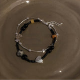 Daiiibabyyy Vintage Double Layer Cross Love Heart Irregular Beaded Bracelets for Women Lady Gifts Unusual Black Stone Beads Bracelet Jewelry