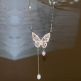 Daiiibabyyy Minar Charm Freshwater Pearl Strand Chain Choker Necklace for Women Bling Pink Color Rhinestone Butterfly Pendant Necklaces Gift