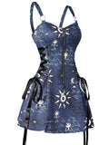 Celestial Sun Moon Print Lace Up Mini Dress Summer Gothic Women Square Neck Witchcore Vestidos