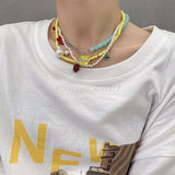 Daiiibabyyy Beaded NecklaceNiche DesignFrench Vintage Stacked Freshwater Pearl NecklaceWomen's Metal PendantLockbone ChainNecklace