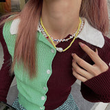 Daiiibabyyy Beaded NecklaceNiche DesignFrench Vintage Stacked Freshwater Pearl NecklaceWomen's Metal PendantLockbone ChainNecklace