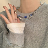 Daiiibabyyy Exquisite design flower butterfly glass bead double layer necklace personality cold style female clavicle chain accessories