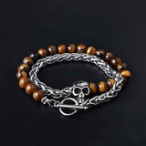 Daiiibabyyy Punk Style Natural Tiger Eye Agate Lava Stone Bead Skull Bracelet Double Layer Stainless Steel Men's Bracelet Grunge Jewelry