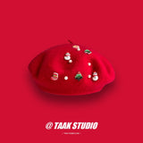 Daiiibabyyy Women Christmas New Year Gift Snowman Pearl Wool Beret Winter Red Soft Wool Painter Hat Students Lovely Wool Bud Hat