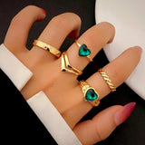 Daiiibabyyy Heart Ring Copper Green Crystal Bohemian Woman Personality Retro 5 Pieces Jewelry Set Gift Fashion Luxury Opening Adjustable