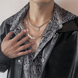 Daiiibabyyy Simple Fashion Metal Beaded Dice Pendant Necklace Hip Hop Punk Men's Stitching Pearl Double Layer Necklace Anniversary Gift