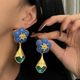 Daiiibabyyy Temperament Vintage Green Water Drop Glass Earring Elegant Metal Pearl Flower Crystal Earrings for Women Wedding Party Jewelry