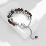Daiiibabyyy Men's Titanium Tiger's Eye Double Layer Bracelet for Man Simple Stainless Steel Cuban Chain Bracelet Homme Jewelry