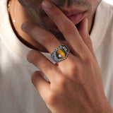 Daiiibabyyy Men's Tiger Eye Stone Signet Rings,Rock Punk Dark Silver Color Stainless Steel Male Gothic Jewelry