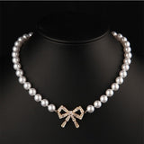 Korean Elegant Pearl Beads Necklace For Women Ladies Fashion Rhinestone Bow Necklace Jewelry Wholesale daiiibabyyy