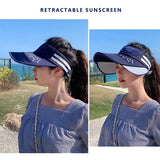 aiiibabyyy Summer Letter Print Empty Top Hat Women Retractable Big Brim Sun Hat Adjustable Striped Cycling Sunscreen Cap Beach Cap
