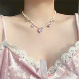 Daiiibabyyy Korean Trendy Pink Crystal Heart Pendant Necklace For Women Girls Elegant Pearl Beads Choker Trending Products Aesthetic Jewelry