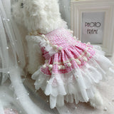 Puppy Dog Clothes Cute Hairball Pearl Pink Lattice Princess Dress 2022 Spring Summer Pet Dog Overalls Skirt Lovely Dog Chihuahua daiiibabyyy